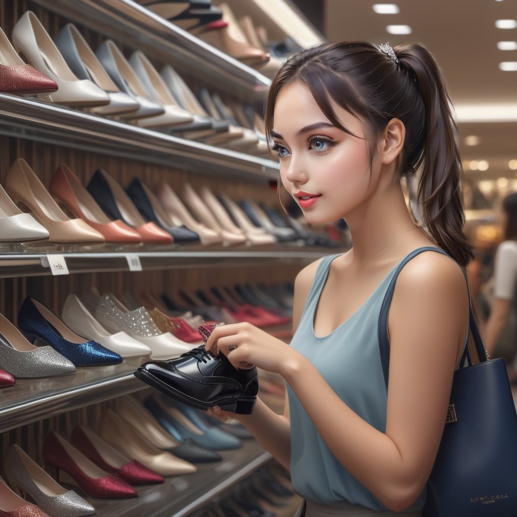 A young American woman with a ponytail, browsing through a downtown Tokyo department store's shoe section. She holds a shoe in her hand, admiring its details as she scans the rack. Fantasy and digital art come together to create a photorealistic portrait of this lovely lady, featuring XL detailed features and perfect eyes that sparkle like diamonds.