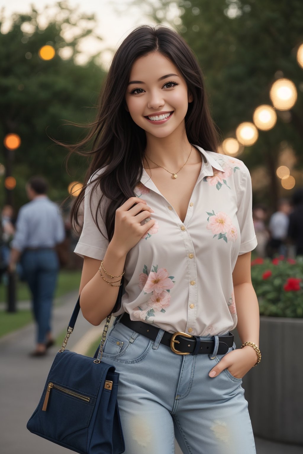 1girl, long hair, looking at viewer, smile, shirt, black hair, brown eyes, outdoors, solo focus, belt, pants, bag, grin, blurry, depth of field, blurry background, floral print, denim, jeans, handbag, realistic