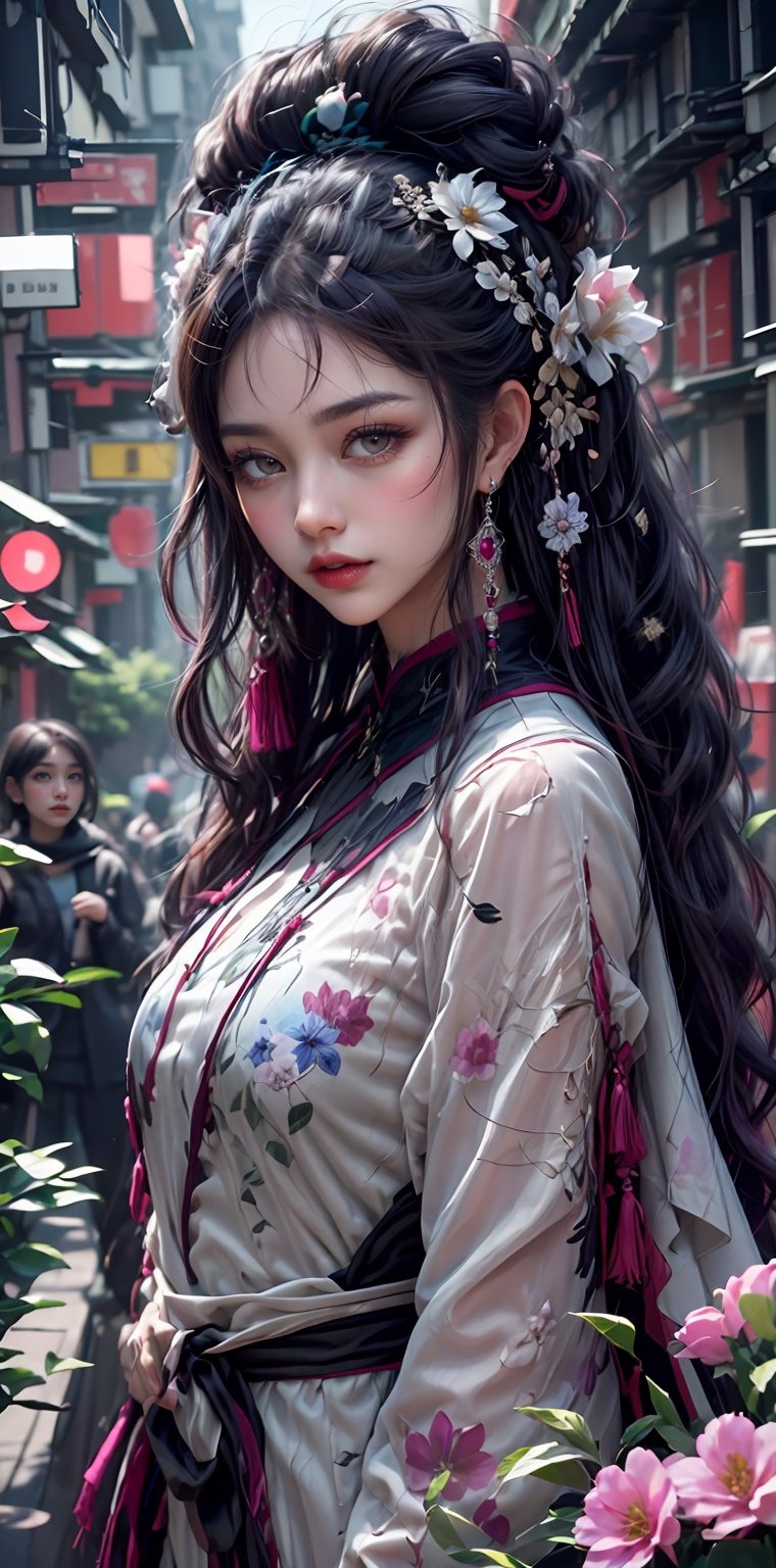 1girl, solo, long hair, looking at viewer, black hair, hair ornament, brown eyes, jewelry, very long hair, closed mouth, upper body, flower, earrings, outdoors, solo focus, hair flower, mole, lips, sash, mole under eye, makeup, floral print, tassel, red lips