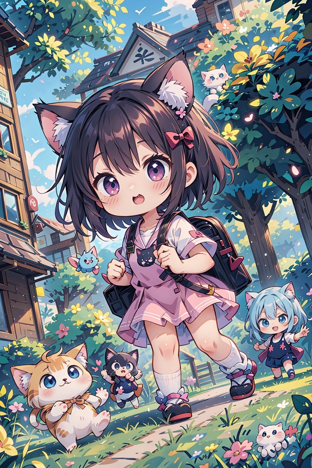 ((anime chibi style)), cute looking kitten with adorable eyes in the park, dynamic angle, depth of field,1girl