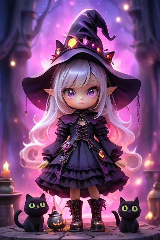 A witch. Digital painting, ultra-detailed, cinematic, masterpiece, beautiful and aesthetic, vibrant color, exquisite details and textures, Warm tone, ultra realistic illustration, (cute girl, 3year old:1.5), cute eyes, big eyes, (a sullen look:1.2), 16K, (HDR:1.4), high contrast, bokeh:1.2, lens flare, siena natural ratio, children's (1girl, whimsical cute young witch, full body shot, ral-vltne, elaborate witch outfit, elaborate witch hat, dress of vibrant colors, golds, reds, purples, lace up victorian boots on her feet. cats, potions, cauldron, elaborate witch lair, unreal, mystical, luminous, surreal, high resolution, sharp details, in 8k resolution), ultra hd, realistic, vivid colors, highly detailed, UHD drawing, perfect composition, beautiful detailed intricate insanely detailed octane render trending on artstation, 8k artistic photography, photorealistic concept art, soft natural volumetric cinematic perfect light, .chibi,Xxmix_Catecat,Tim Burton Style, Cyberpunk Fantasy