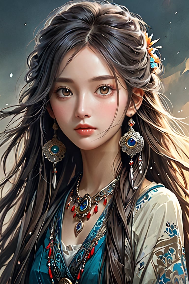 Anime delicate detailed concept art, masterpiece, ultra realistic illustration, ultra hires, ultra highres. A fierce and rebellious beauty from a medieval Central Asian nomadic tribe, with long, unkempt hair, piercing eyes, and lips pressed tight, adorned with intricate earrings showcasing the tribe's craftsmanship. Yanjun Cheng style, hazy beauty, emo, sharp eyes, rebellious, fierce, tight lips. Intricate earrings, dirty worn hardcore style, long boots, creating a magical style, high brightness and low color palette, masterpiece, cinematic moviemaker style,more detail XL,large-eyed 