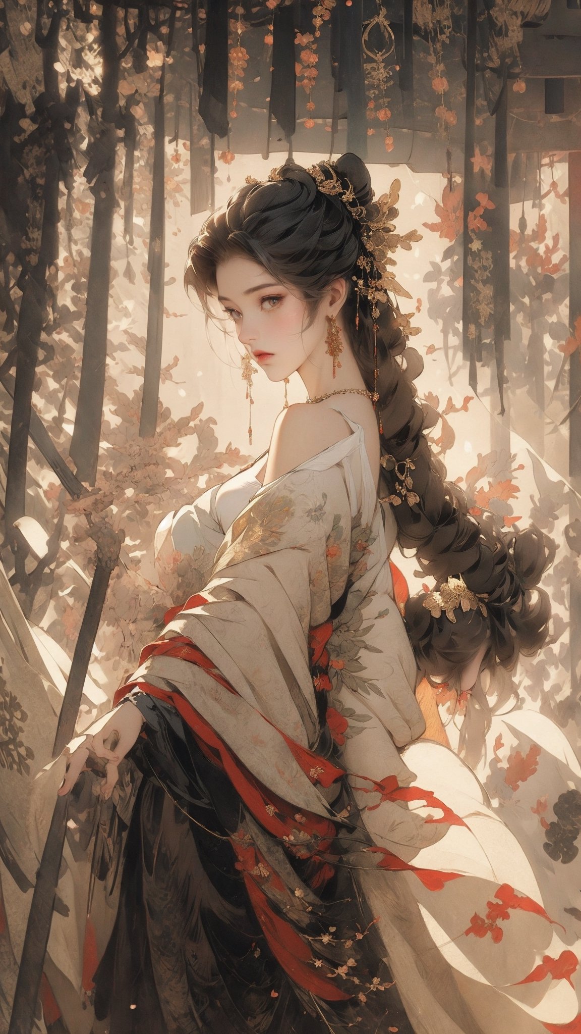 (Extremely detailed CG unified 8k wallpaper), ANCIENT_CHINESE_CASTLE_GARDEN_BACKGROUND, (((Masterpiece))), (((Best Quality))), ((Super Detailed)), (Best Illustration), (Best Shading), ( (Extremely exquisite and beautiful)), embodying the charm of ancient princesses, exuding beauty, sexiness and charm, with natural big breasts. Mesmerizing eyes convey mystery and seduction. Elegant and charming, with a slender figure and full of mystery. Off the shoulders, low cut. Ancient traditional Hanfu decorated with intricate patterns or ornate details. Seductive and elegant pose, beautyniji
