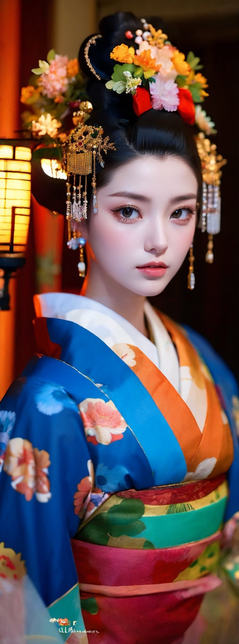 (RAW photo, best quality), (real, photo real: 1.3), detailed face + eyes, casual pose, elegant, stunning Japanese traditional costume oiran, gorgeous hair accessories, phoenix eyes, cool, Disdainful look, fractal art, bright colors, beautiful Japanese supermodel wearing clogs, radiant, perfect custom gorgeous floral embroidery pattern suit, custom design, 1 girl, looking at viewer, floral print, 1girl,