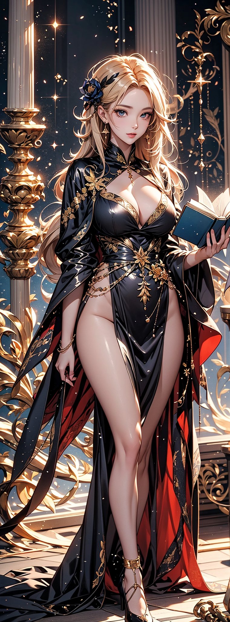 A beautiful Taiwanese woman, 23 years old, is playing the role of a witch perfectly. She has big natural breasts, deep cleavage, and a perfect pair of thighs. She is wearing a low-cut golden and black robe, reading a magic book in a room surrounded by magic. , surrounded by a mysterious atmosphere, sparkling, glowing particles, mist. Masterpiece, top quality, best quality, official art,Anigame ,Detail,Colors