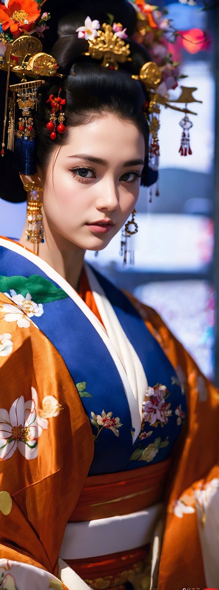 (RAW photo, best quality), (real, photo real: 1.3), detailed face + eyes, casual pose, elegant, stunning Japanese traditional costume oiran, gorgeous hair accessories, phoenix eyes, cool, Disdainful look, fractal art, bright colors, beautiful Japanese supermodel wearing clogs, radiant, perfect custom gorgeous floral embroidery pattern suit, custom design, 1 girl, looking at viewer, floral print, 1girl,