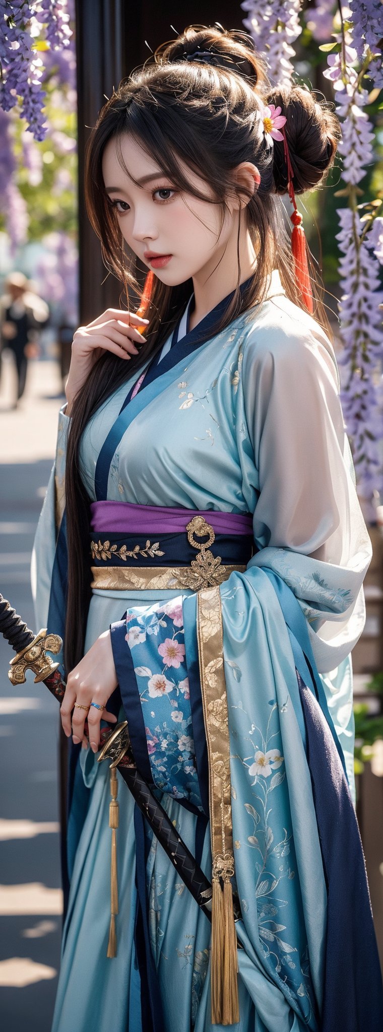 1girl, solo, long hair, looking at viewer, black hair, hair ornament, long sleeves, dress, holding, weapon, flower, sword, wide sleeves, water, hair bun, holding weapon, sash, petals, holding sword, chinese clothes, single hair bun, falling petals, hanfu, wisteria. (1girl: 1.4), (Original, Best Quality), (Real, Photo: 1.1), Best Quality, Masterpiece, Beauty and Aesthetics, 16K, (HDR: 1.2), High Contrast, (Vivid Colors: 1.3) , (soft colors, dark colors, soothing tones: 0), cinematic light, ambient light, side light, fine details and textures, cinematic lenses, warm colors (bright and intense: 1.1), wide angle photography, xm887, surreal illustration, tin Jena's natural proportions, silver hair, dynamic pose, precise internal anatomy of the body and hand, four fingers and a thumb, 1 girl