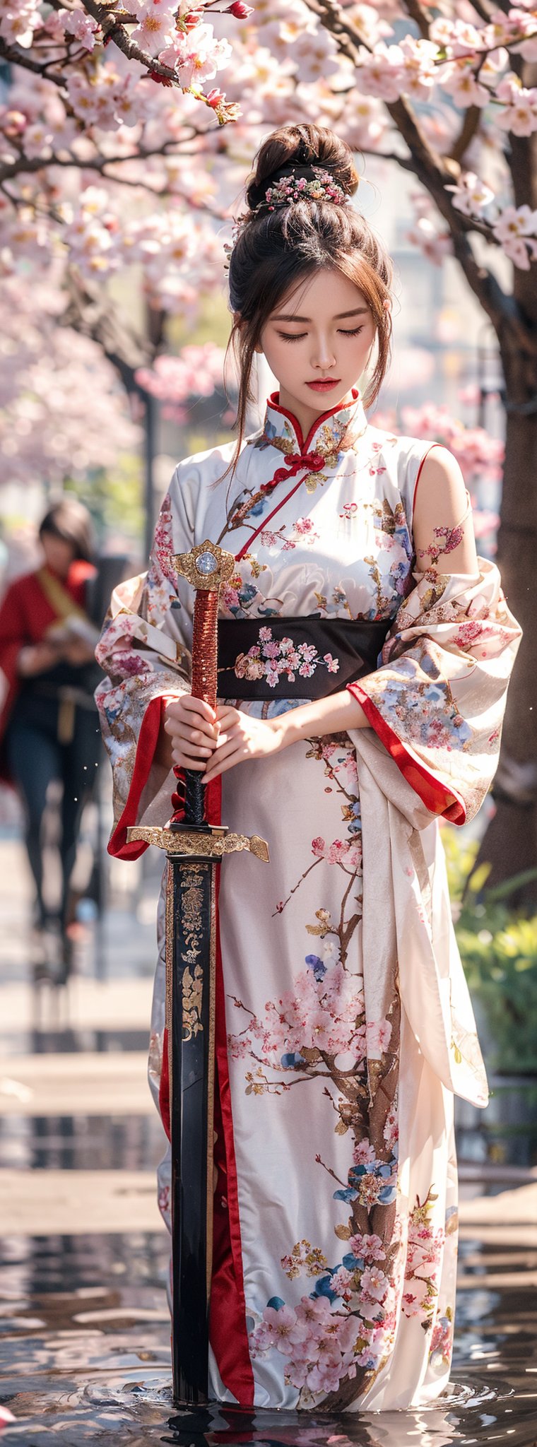 1girl, solo, long hair, black hair, hair ornament, dress, holding, jewelry, standing, closed eyes, weapon, flower, sword, hair flower, wide sleeves, water, hair bun, holding weapon, petals, holding sword, chinese clothes, single hair bun, cherry blossoms, sheath