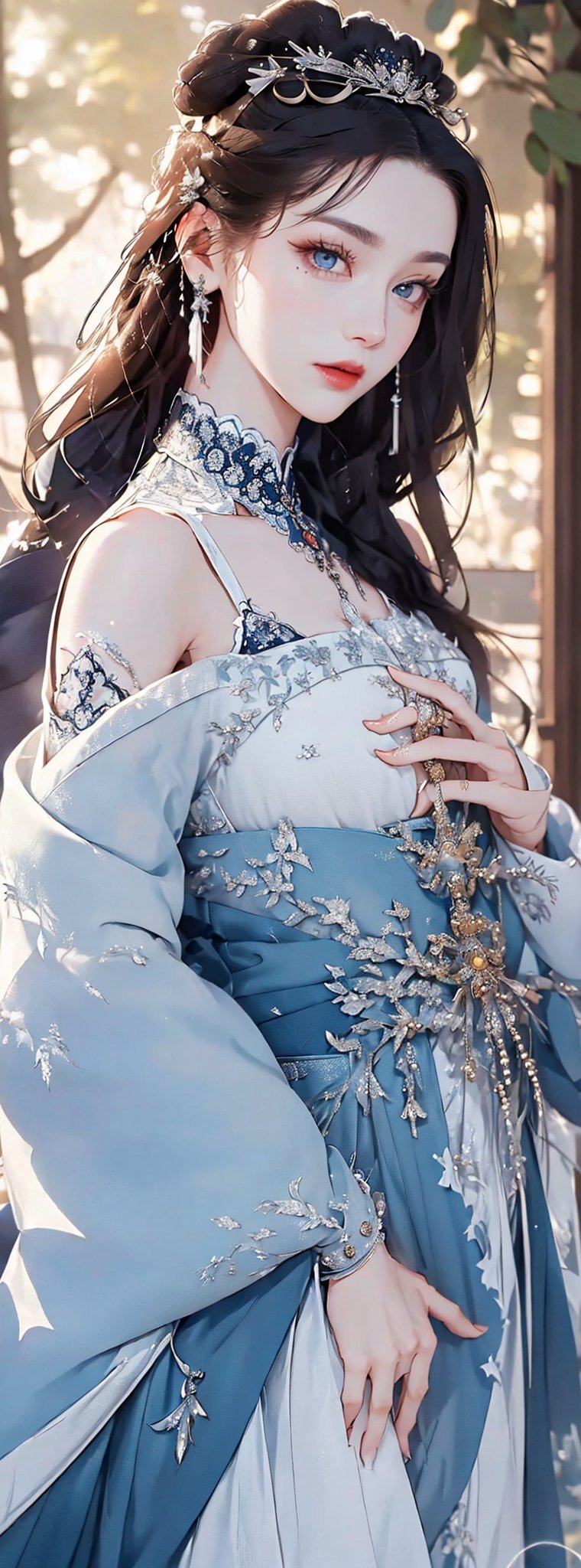 (Extremely detailed CG unified 8k wallpaper), ANCIENT_CHINESE_CASTLE_GARDEN_BACKGROUND, (((Masterpiece))), (((Best Quality))), ((Super Detailed)), (Best Illustration), (Best Shading), ( (Extremely exquisite and beautiful)), embodying the charm of ancient princesses, exuding beauty, sexiness and charm, with natural big breasts. Mesmerizing eyes convey mystery and seduction. Elegant and charming, with a slender figure and full of mystery. Off the shoulders, low cut. Ancient traditional Hanfu decorated with intricate patterns or ornate details. Seductive and elegant pose, beautyniji,ancient_beautiful,huoshen,asuka