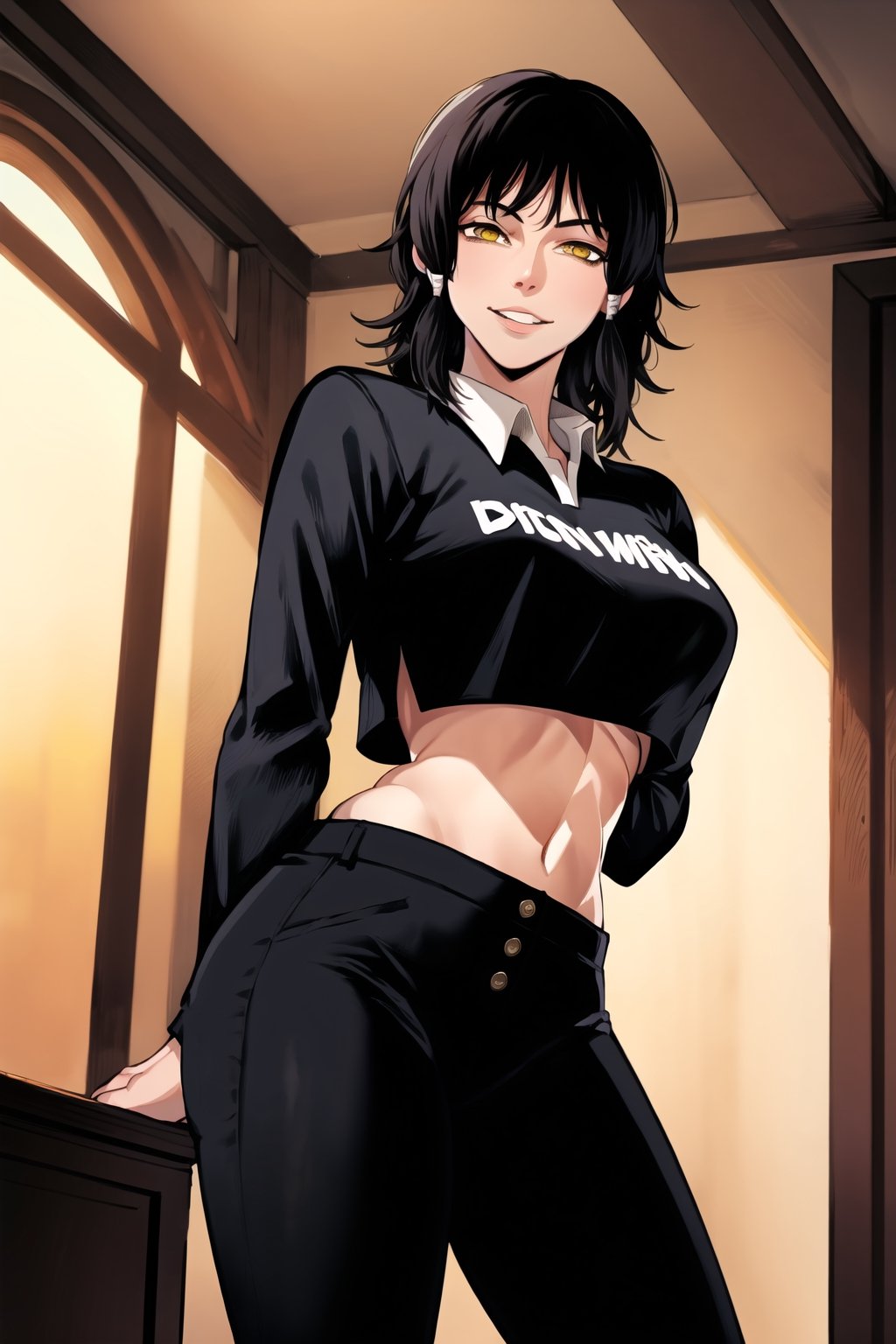 (best quality), (highly detailed), masterpiece, (official art), mifune, black hair, short hair, ((hair tubes)), lips, smile, yellow eyes ,ringed eyes,  long sleeves, navel, medium breasts, white shirt, midriff, collared shirt, pants, crop top,  black pants,,room,indoors, jewelry,hands in opposite sleeves, (intricately detailed, hyperdetailed), blurry background,depth of field, best quality, masterpiece, intricate details, tonemapping, sharp focus, hyper detailed, trending on Artstation,1 girl, solo,high res,official art,