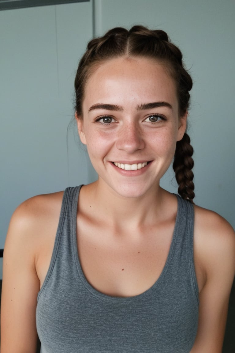 amateur cellphone photography of a woman with Dark brown French braid hair wearing a tank top at flight school (smile:0.5), (freckles:0.5) . f8.0, samsung galaxy, noise, jpeg artefacts, poor lighting, low light, underexposed, high contrast, looking at viewer, 