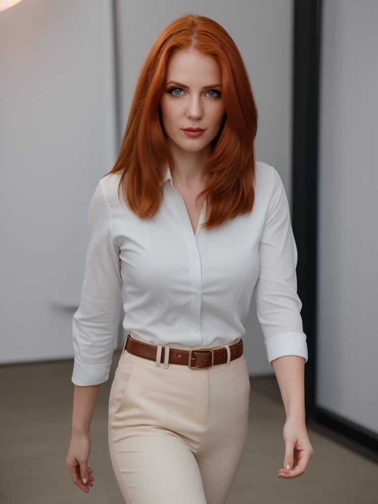 1girl,  ginger hair, (straight hair, pale skin), skin details, beautiful, make-up, global illumination, (cowboy shot, photo shoot), (raw photo, photorealistic), epiCRealism, highly detailed, bokeh, office clothes, sexy, (walking), at office, 