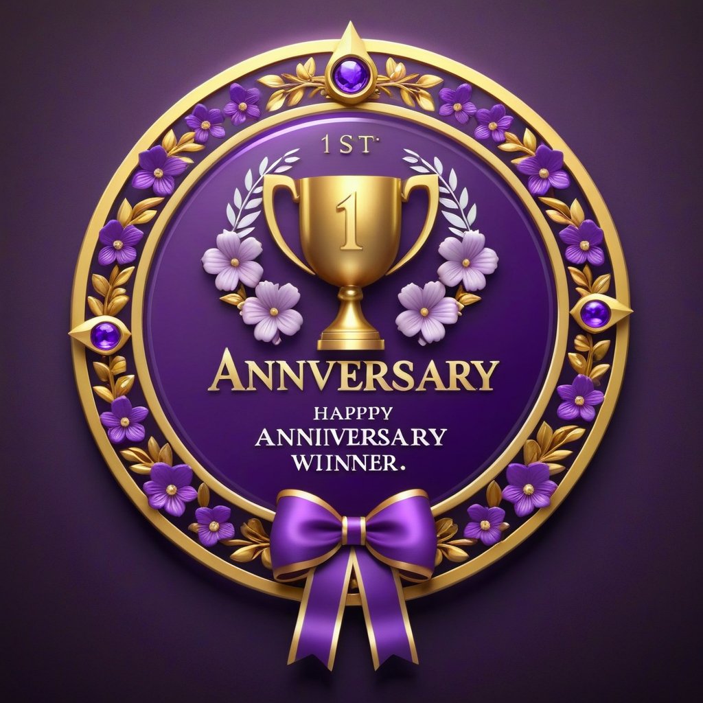 A ornamented emblem commemorates a anniversary. Wihite and purple colors evoke a sense of celebration. (text "1_st_Anniversary"). Purple flowers in background. Golden winner award emblem. simple background, (dark background), 3d design, glass trophy