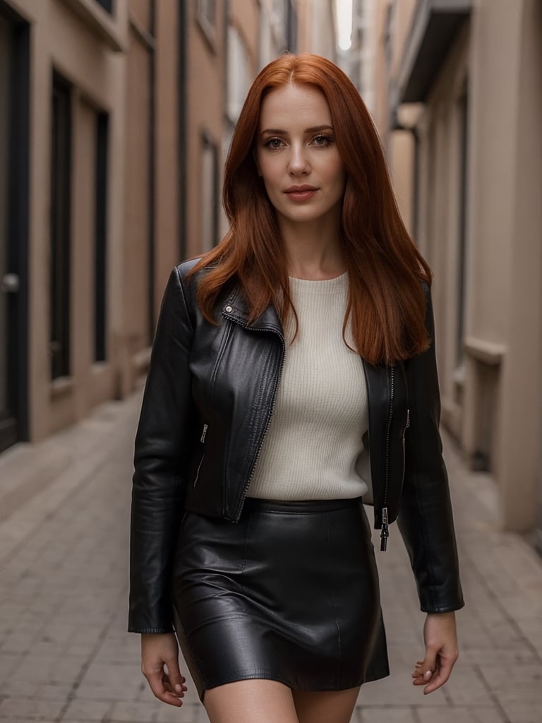 1girl, solo, red long hair, (straight hair, pale skin), skin details, beautiful, global illumination, (cowboy shot, photo shoot), looking at viewer, flirting, (photo, realistic), epiCRealism, highly detailed, bokeh, black jacket (leather jacket), skirt, standing, at alley, (smoon:1.0)