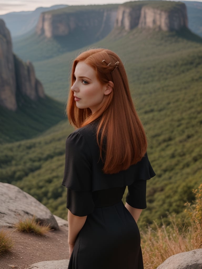 1girl, ginger hair, (straight hair, pale skin), skin details, beautiful, volumetric lighting, (cinematic shot), (raw photo, photorealistic), epiCRealism, highly detailed, bokeh, (black dress), standing, at mountain, (goddes aura), fantasy, (85mm photo)