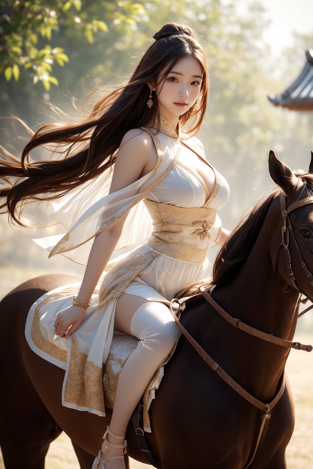 background forest,foggy,flower leaves flying in the wind,
20 yo, 1 girl, beautiful girl,big breasts,wearing beautiful hanfu(white transparent),cape(white transparent),riding a horse,shining bracelet, smile, solo, {beautiful and detailed eyes}, dark eyes, an energetic attitude, natural and soft light, delicate facial features, ((sexy model pose)), Glamor body type, (dark hair:1.2), simple tiny earrings,very_long_hair,hair past hip, bang,straight hair, big buns,flim grain, realhands, masterpiece, Best Quality, 16k, photorealistic, ultra-detailed, finely detailed, high resolution, perfect dynamic composition, beautiful detailed eyes, eye smile,sharp-focus, full_body, sexy pose, cowboy_shot,Bomi,ancient_chinese_indoors,horse,riding,horseback_riding,Samurai girl