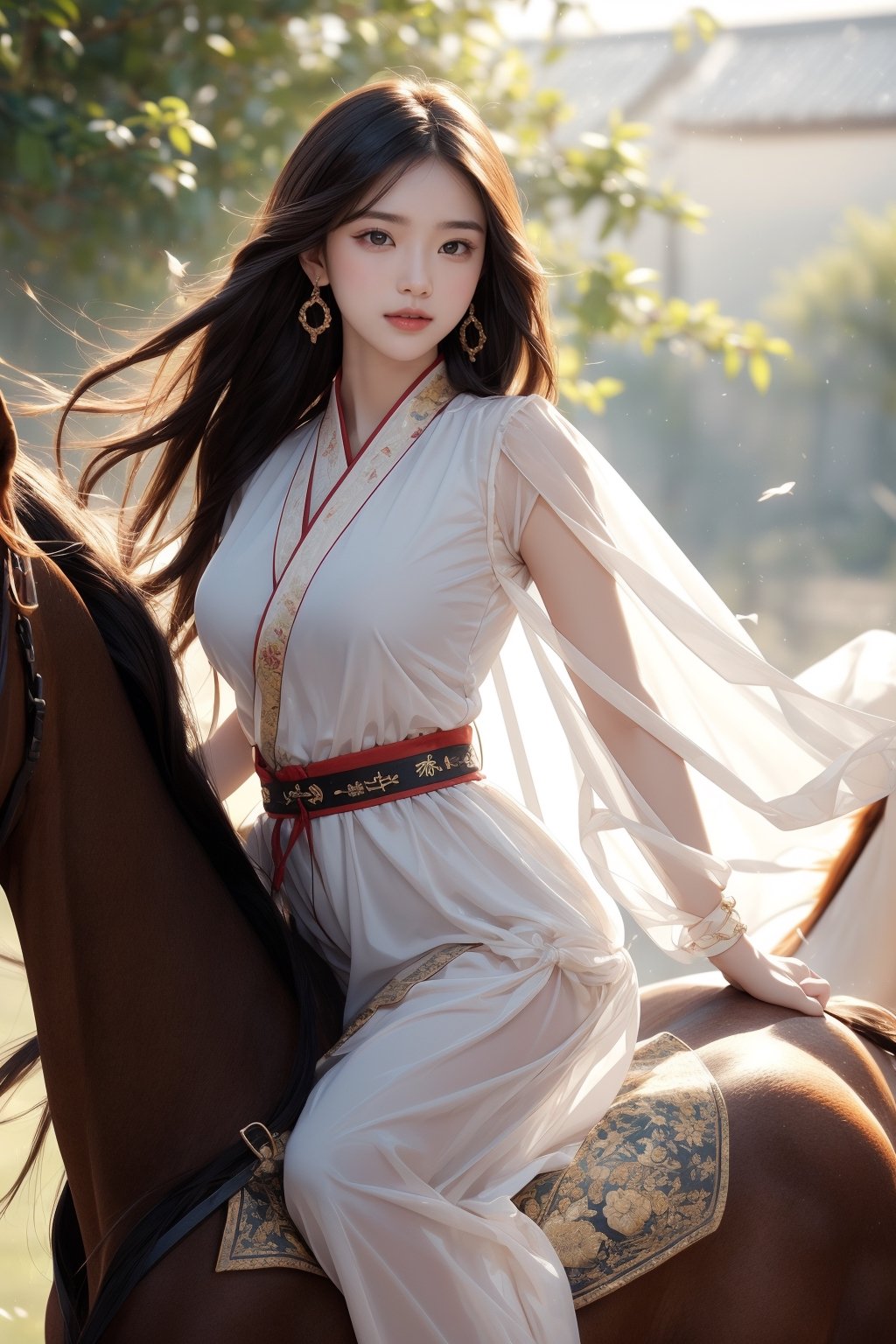 background forest,foggy,flower leaves flying in the wind,
20 yo, 1 girl, beautiful girl,big breasts,wearing beautiful hanfu(white transparent),cape(white transparent),riding a horse,shining bracelet, smile, solo, {beautiful and detailed eyes}, dark eyes, an energetic attitude, natural and soft light, delicate facial features, ((model pose)), Glamor body type, (dark hair:1.2), simple tiny earrings,very_long_hair,hair past hip, bang,straight hair, big buns,flim grain, realhands, masterpiece, Best Quality, 16k, photorealistic, ultra-detailed, finely detailed, high resolution, perfect dynamic composition, beautiful detailed eyes, eye smile,sharp-focus, full_body, sexy pose, cowboy_shot,Bomi,ancient_chinese_indoors,horse,riding,horseback_riding,Samurai girl