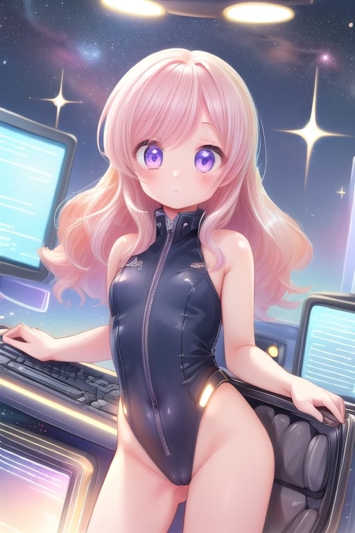 (masterpiece:1.2) , (best quality:1.2) , (ultra-detailed:1.2), 2.5D,extremely detailed,anime,light pink hair,wavy hair,shoulder length hair,BREAK,purple eyes,BREAK,Bridge of a space ship,Computer console panel,Space Leotard
