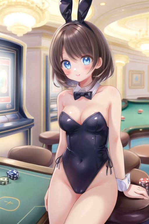 ultra-detailed,(masterpiece:1.2) , (best quality:1.2) , (ultra-detailed:1.2), 2.5D,extremely detailed,anime,dark brown hair,Medium hair,BREAK,blue eyes,BREAK,private room,playboy_bunny_leotard,casino,smile