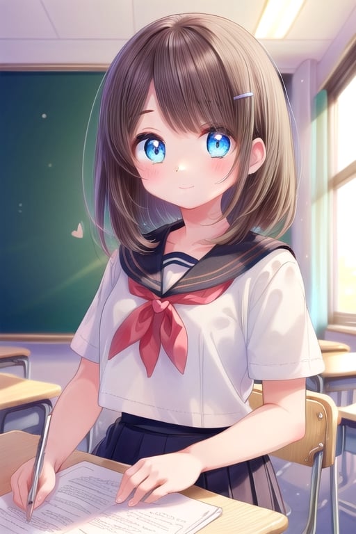 (masterpiece:1.2) , (best quality:1.2) , (ultra-detailed:1.2), 2.5D,extremely detailed,anime,dark brown hair,Medium hair,BREAK,blue eyes,BREAK,(
heart's hairpin),classroom,serafuku,smile