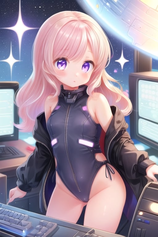 (masterpiece:1.2) , (best quality:1.2) , (ultra-detailed:1.2), 2.5D,extremely detailed,anime,light pink hair,wavy hair,shoulder length hair,BREAK,purple eyes,BREAK,Bridge of a space ship,Computer console panel,Space Leotard
