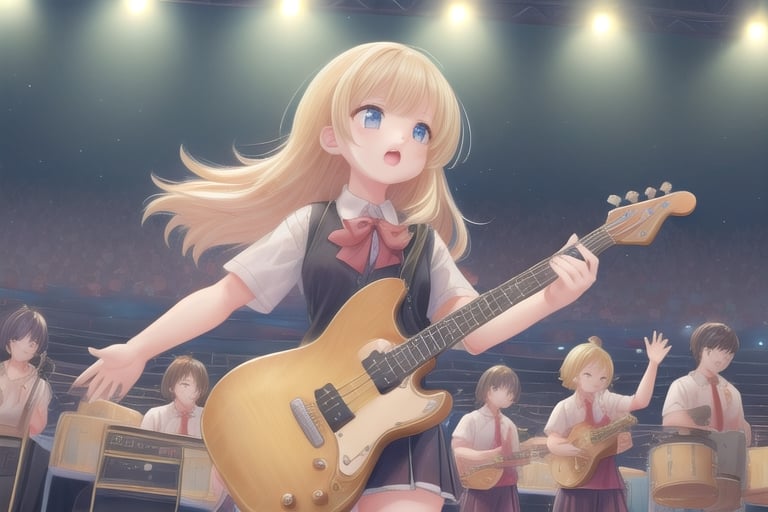 
anime style, super fine illustration, highly detailed, dynamic angle, beautiful detailed, 8k, On the stage of the school festival, high school girls form a girl's band. The vocalist sings passionately, the guitar and bass create a powerful rhythm, and the drums beat in support. The audience is captivated by their performance, with applause and cheers filling the air.