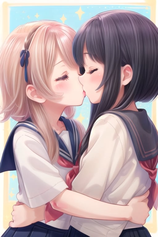 (masterpiece:1.2) , (best quality:1.2) , (ultra-detailed:1.2), 2.5D,extremely detailed,anime,schoolyard,2 girls,yuri,serafuku,kissing,closed eyes