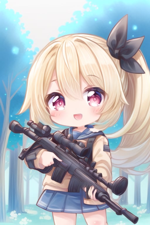 (masterpiece:1.2) , (best quality:1.2) , (ultra-detailed:1.2), 2.5D,extremely detailed,anime,blonde hair,side ponytail,BREAK,red eyes,BREAK,forest,military cosutume,skirt,Sniper rifle,Hold a sniper rifle,smile,chibi