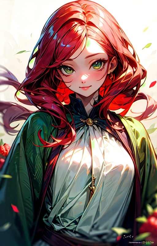  (shiny skin),  (masterpiece:1.4),  (best quality:1.4),  1 woman,  (long raspberry colored hair:1),  hazel eyes,  slight smile, handsome face,  dressed in green medieval clothes, flower spell:2