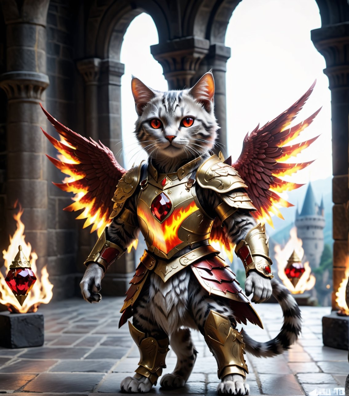 (16k), (masterpiece), (full body shot,), (highest quality), (highly complex), (realistic), (sharp focus), (cinematic lighting), (highly detailed), (full body shot,) , In a magnificent castle filled with golden decorations, a Cat, Anthropomorphic, Standing on two legs, Cat wearing fiery red gem-encrusted armor, Fiery red wings inlaid with gems, Metal wings emit flames, accurate anatomical body and hands, hands radiating fire, delicate features, Red eyes, eyes radiating fire, Perfect cat body proportions, realistic, cat,ral-lava