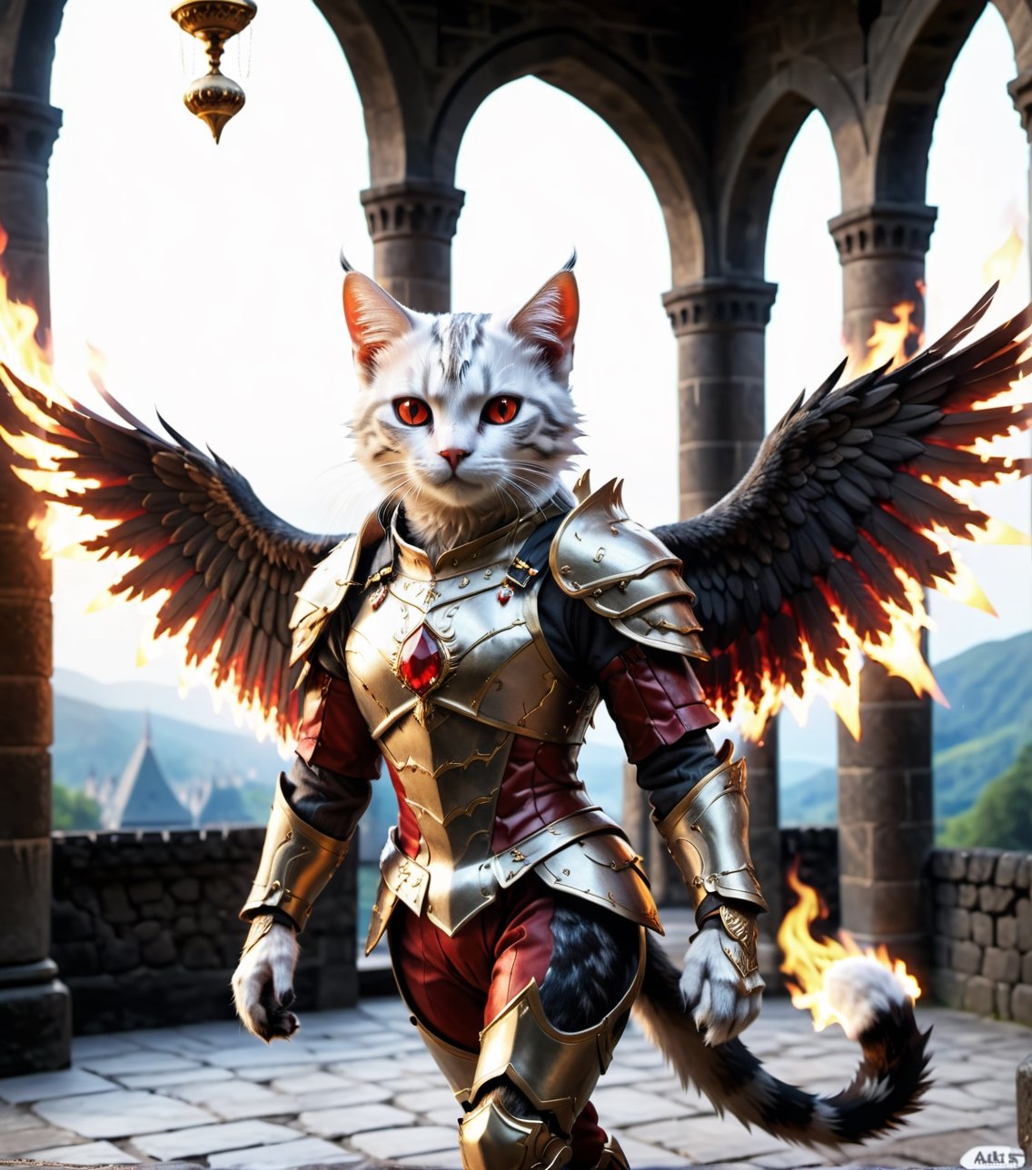 (16k), (masterpiece), (full body shot,), (highest quality), (highly complex), (realistic), (sharp focus), (cinematic lighting), (highly detailed), (full body shot,) , In a magnificent castle filled with golden decorations, White cat, Anthropomorphic, Standing on two legs, Cat wearing fiery red gem-encrusted armor, Fiery red wings inlaid with gems, Metal wings emit flames, accurate anatomical body and hands, hands radiating fire, delicate features, Red eyes, eyes radiating fire, Perfect cat body proportions, realistic, cat,ral-lava