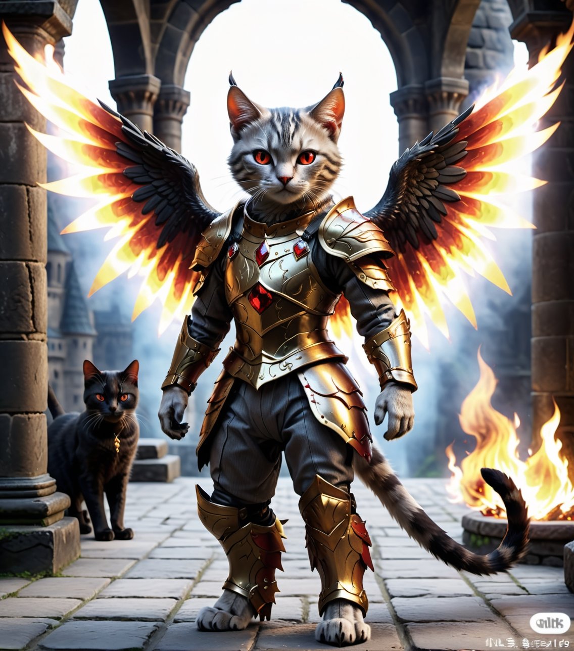 (16k), (masterpiece), (full body shot,), (highest quality), (highly complex), (realistic), (sharp focus), (cinematic lighting), (highly detailed), (full body shot,) , In a magnificent castle filled with golden decorations, a Cat, Anthropomorphic, Standing on two legs, Cat wearing fiery red gem-encrusted armor, Fiery red wings inlaid with gems, Metal wings emit flames, accurate anatomical body and hands, hands radiating fire, delicate features, Red eyes, eyes radiating fire, Perfect cat body proportions, realistic, cat,ral-lava