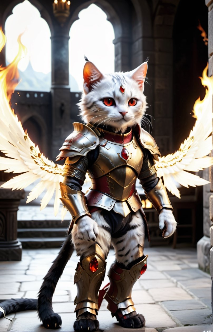 (16k), (masterpiece), (full body shot,), (highest quality), (highly complex), (realistic), (sharp focus), (cinematic lighting), (highly detailed), (full body shot,) , In a magnificent castle filled with golden decorations, White cat, Anthropomorphic, Standing on two legs, Cat wearing fiery red gem-encrusted armor, Fiery red wings inlaid with gems, Metal wings emit flames, accurate anatomical body and hands, hands radiating fire, delicate features, Red eyes, eyes radiating fire, Perfect cat body proportions, realistic, cat,ral-lava