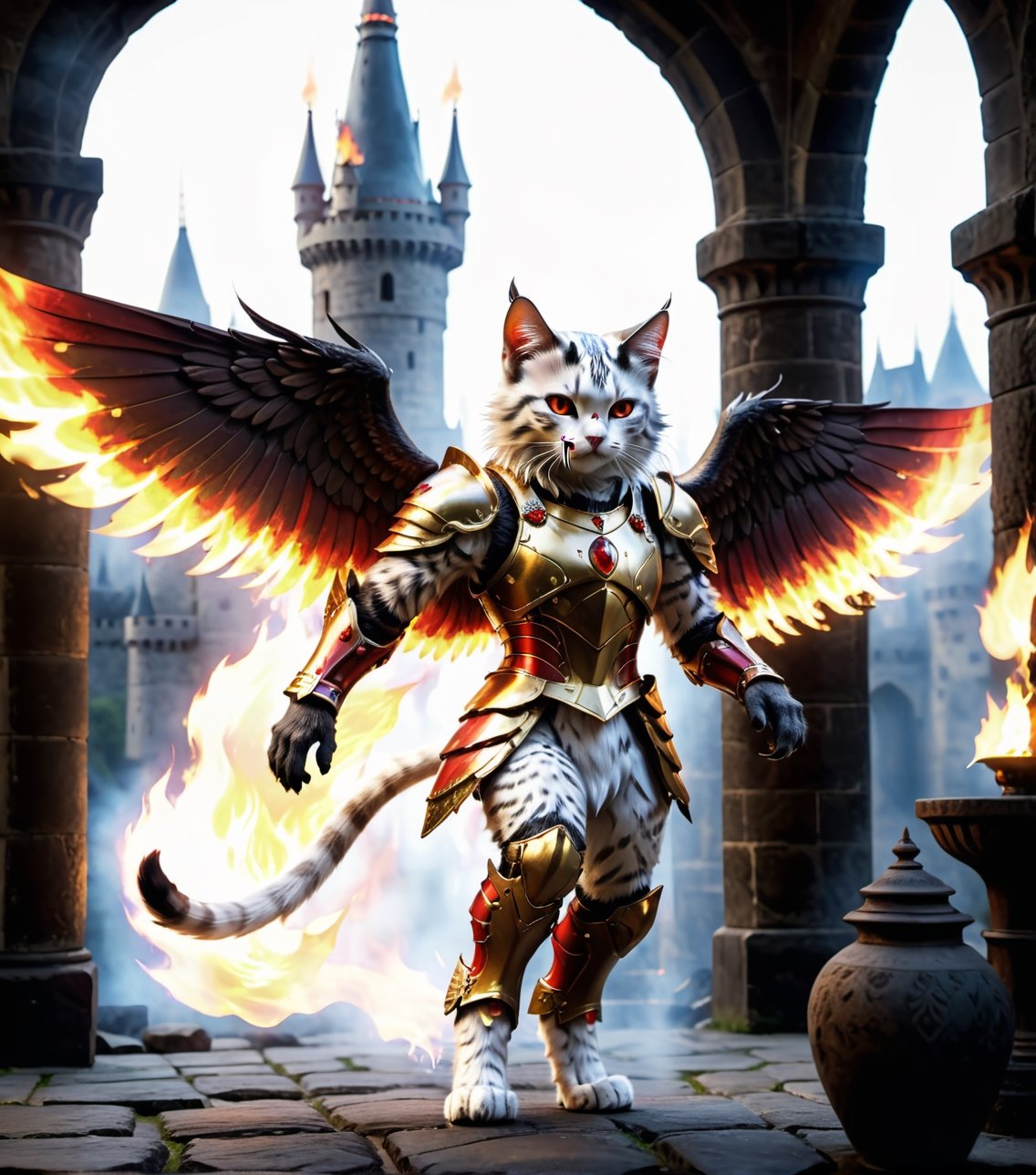 (16k), (masterpiece), (full body shot,), (highest quality), (highly complex), (realistic), (sharp focus), (cinematic lighting), (highly detailed), (full body shot,) , In a magnificent castle filled with golden decorations, White cat, Anthropomorphic, Standing on two legs, Cat wearing fiery red gem-encrusted armor, Fiery red wings inlaid with gems, Metal wings emit flames, accurate anatomical body and hands, hands radiating fire, delicate features, Red eyes, eyes radiating fire, Perfect cat body proportions, realistic, cat,ral-lava