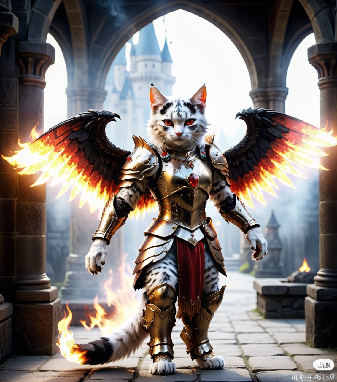 (16k), (masterpiece), (full body shot,), (highest quality), (highly complex), (realistic), (sharp focus), (cinematic lighting), (highly detailed), (full body shot,) , In a magnificent castle filled with golden decorations, White cat, Anthropomorphic, Standing on two legs, Cat wearing fiery red gem-encrusted armor, Fiery red wings inlaid with gems, Metal wings emit flames, accurate anatomical body and hands, hands radiating fire, delicate features, Red eyes, eyes radiating fire, Perfect cat body proportions, realistic, cat,ral-lava