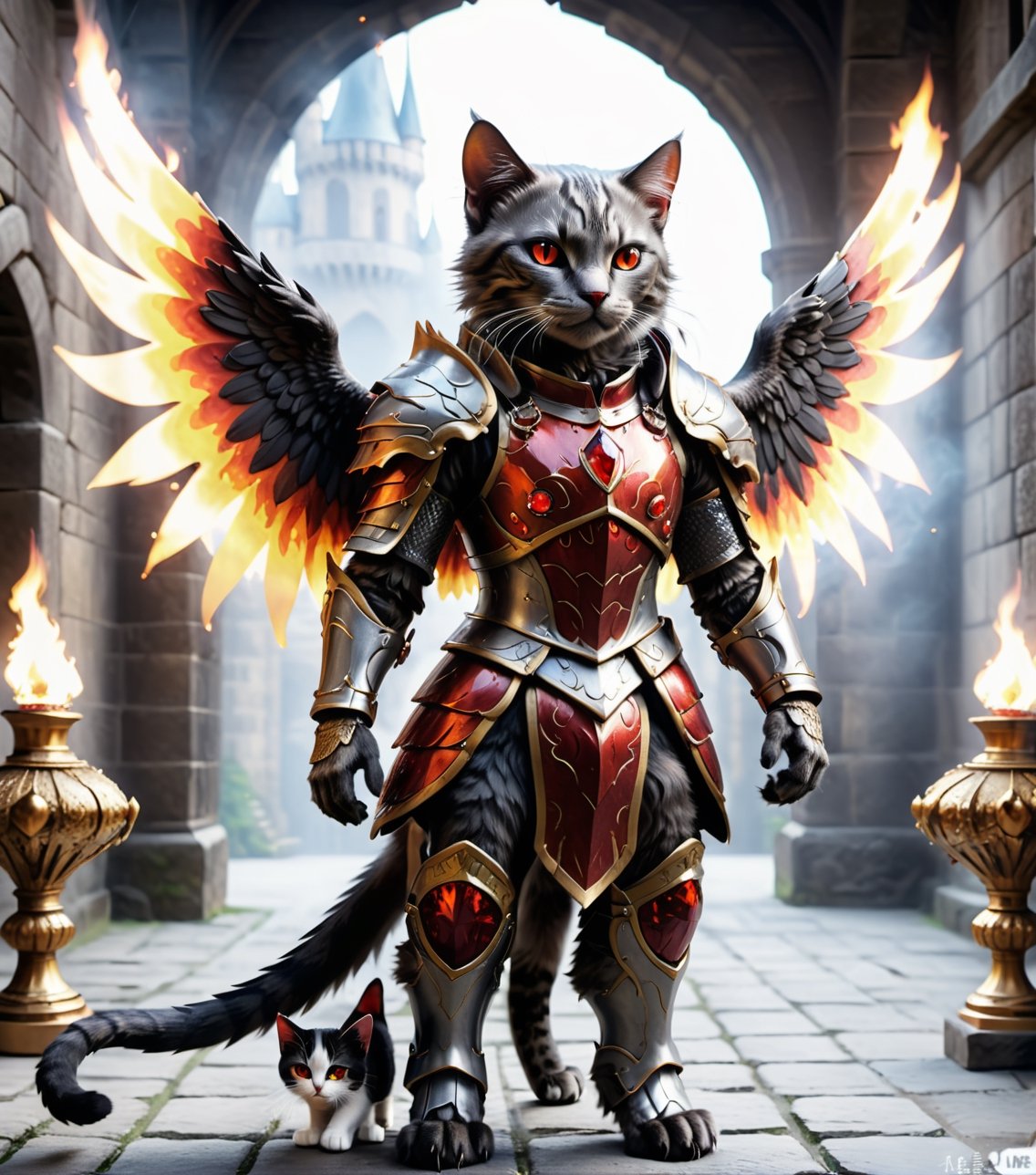 (16k), (masterpiece), (full body shot,), (highest quality), (highly complex), (realistic), (sharp focus), (cinematic lighting), (highly detailed), (full body shot,) , In a magnificent castle filled with golden decorations, a Cat, Anthropomorphic, Standing on two legs, Cat wearing fiery red gem-encrusted armor, Fiery red wings inlaid with gems, Metal wings emit flames, accurate anatomical body and hands, hands radiating fire, delicate features, Red eyes, eyes radiating fire, Perfect cat body proportions, realistic, cat,ral-lava