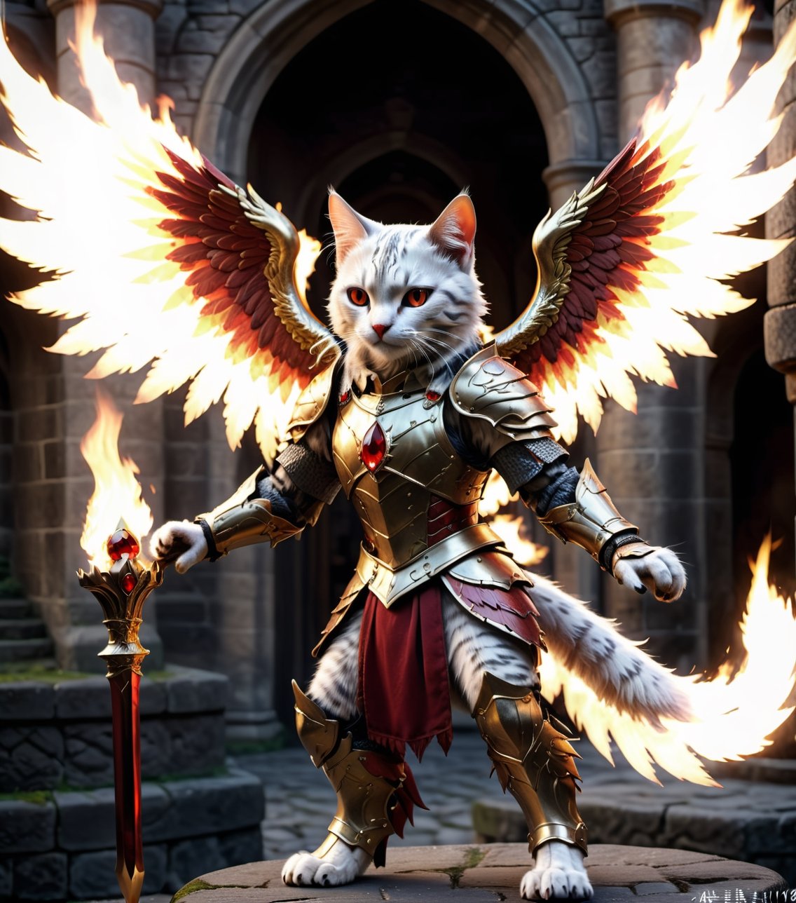 (16k), (masterpiece), (full body shot,), (highest quality), (highly complex), (realistic), (sharp focus), (cinematic lighting), (highly detailed), (full body shot,) , In a magnificent castle filled with golden decorations, a Cat, Anthropomorphic, Standing on two legs, Cat wearing fiery red gem-encrusted armor, Fiery red wings inlaid with gems, Metal wings emit flames, accurate anatomical body and hands, hands radiating fire, delicate features, Red eyes, eyes radiating fire, Perfect cat body proportions, realistic, cat,ral-lava