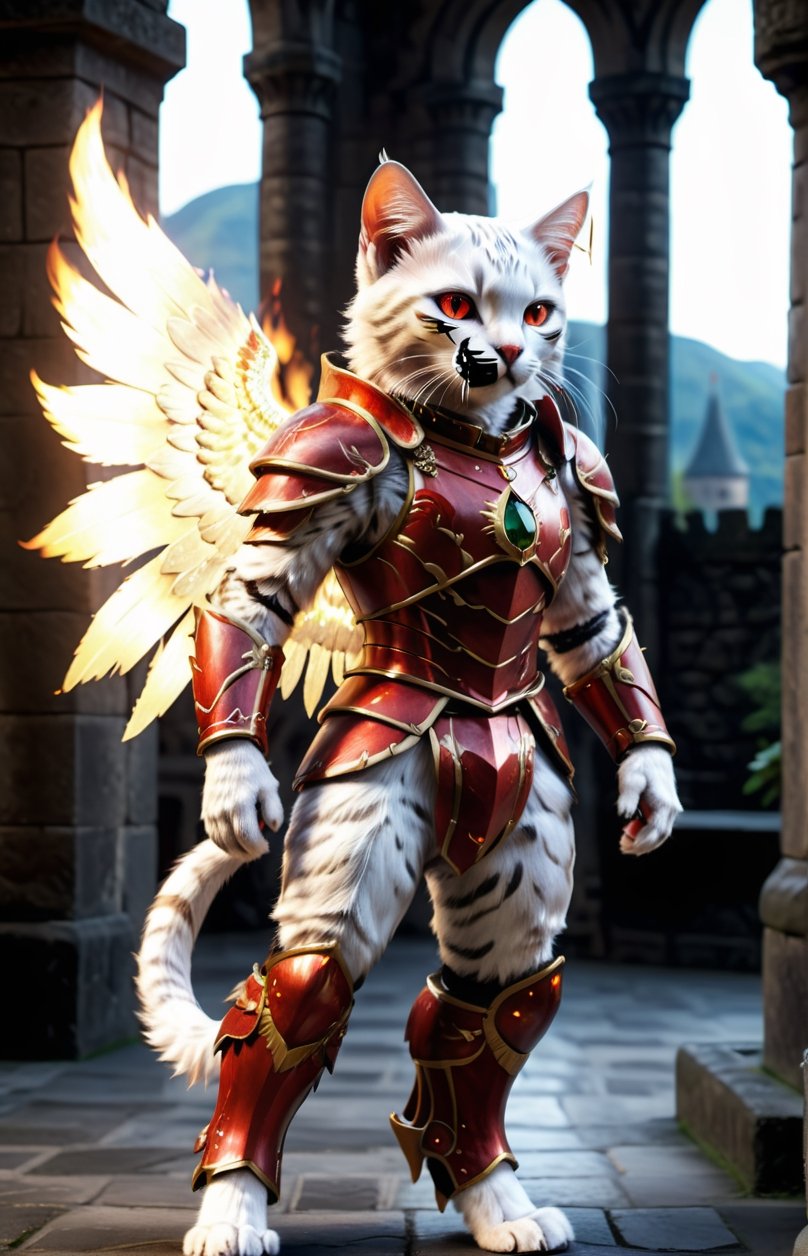 (16k), (masterpiece), (full body shot,), (highest quality), (highly complex), (realistic), (sharp focus), (cinematic lighting), (highly detailed), (full body shot,) , In a magnificent castle filled with golden decorations, White cat, Anthropomorphic, Standing on two legs, Cat wearing fiery red gem-encrusted armor, Fiery red wings inlaid with gems, Metal wings emit flames, accurate anatomical body and hands, hands radiating fire, delicate features, Red eyes, eyes radiating fire, Perfect cat body proportions, realistic, cat,ral-lava