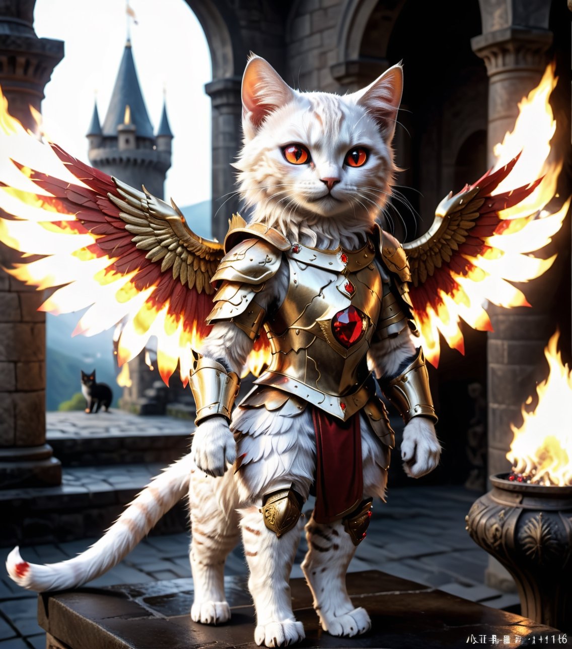 (16k), (masterpiece), (full body shot,), (highest quality), (highly complex), (realistic), (sharp focus), (cinematic lighting), (highly detailed), (full body shot,) , In a magnificent castle filled with golden decorations, White cat, Anthropomorphic, Standing on two legs, Cat wearing fiery red gem-encrusted armor, Fiery red wings inlaid with gems, Metal wings emit flames, accurate anatomical body and hands, hands radiating fire, delicate features, Red eyes, eyes radiating fire, Perfect cat body proportions, realistic, cat,ral-lava