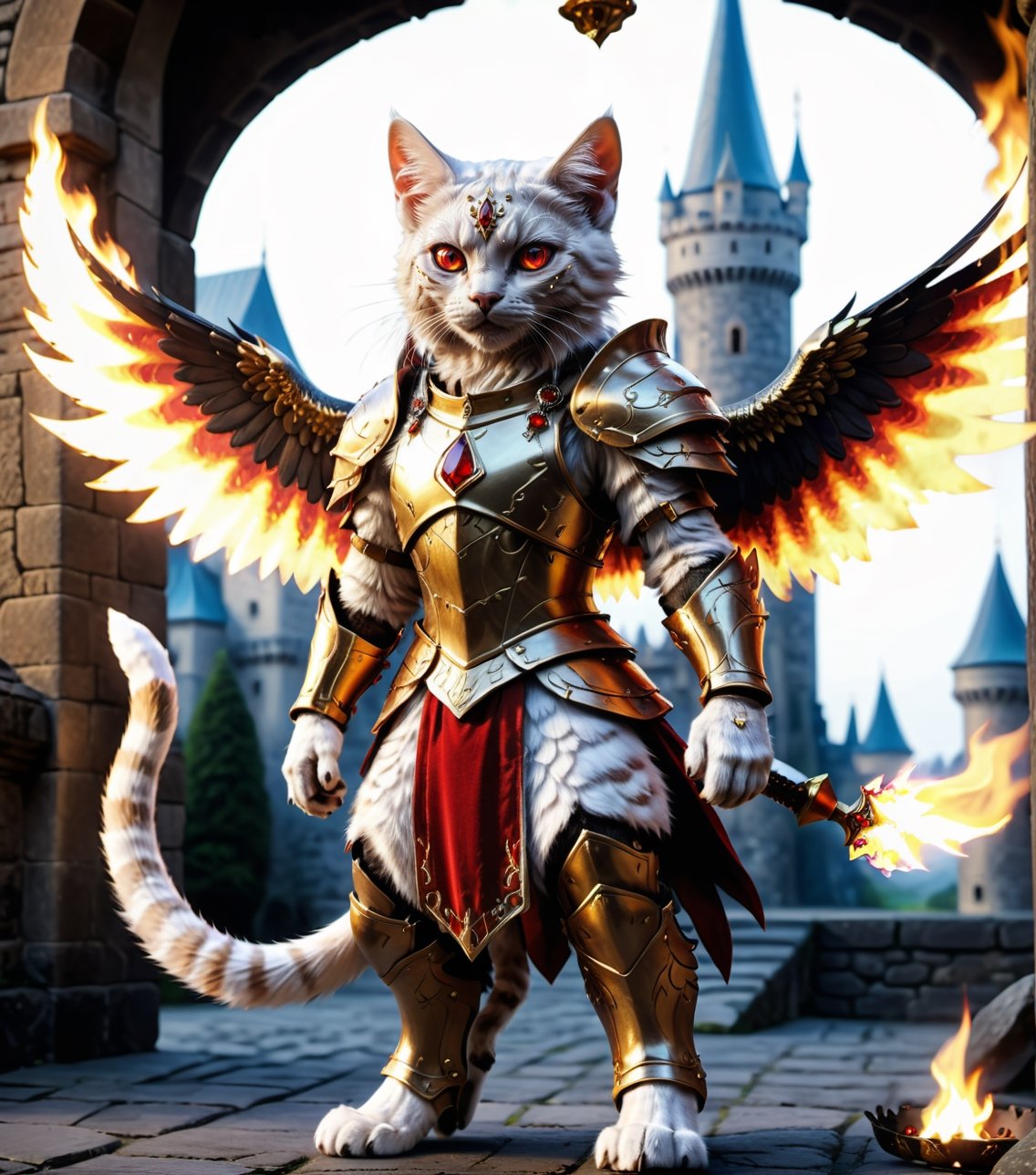 (16k), (masterpiece), (full body shot,), (highest quality), (highly complex), (realistic), (sharp focus), (cinematic lighting), (highly detailed), (full body shot,) , In a magnificent castle filled with golden decorations, White cat, Anthropomorphic, Standing on two legs, Cat wearing fiery red gem-encrusted armor, Fiery red wings inlaid with gems, Metal wings emit flames, accurate anatomical body and hands, hands radiating fire, delicate features, Red eyes, eyes radiating fire, Perfect cat body proportions, realistic, cat,ral-lava