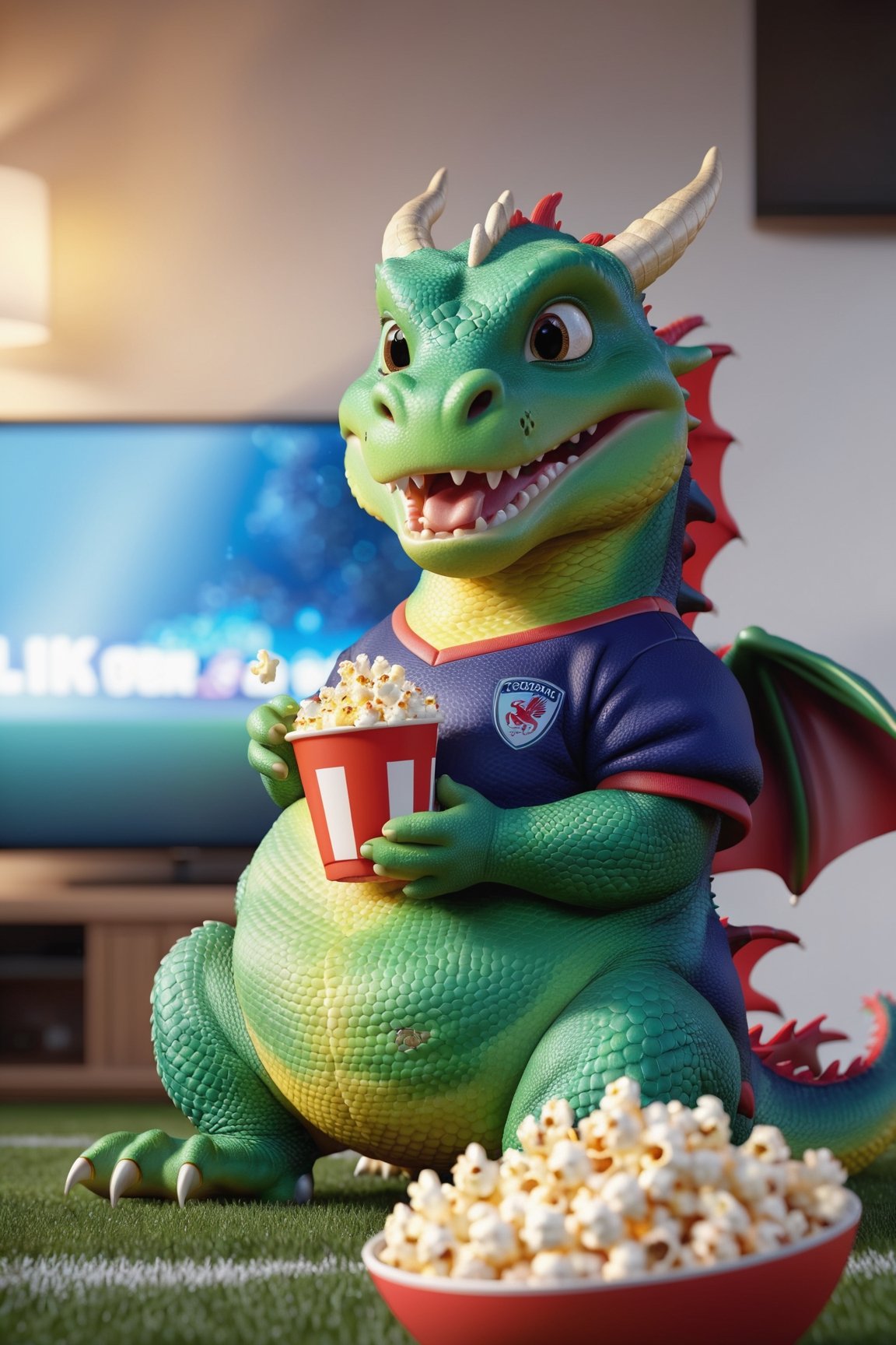 a fantastic 3d-rendered illustration of a cute fat dragon, wearing a soccer jersey, eating a popcorn in front of tv while watching soccer on it, detailed fur, 8k resolution, masterpiece, very realistic, 8k resolution, masterpiece, very realistic, detailed background, depth of field, 3d style