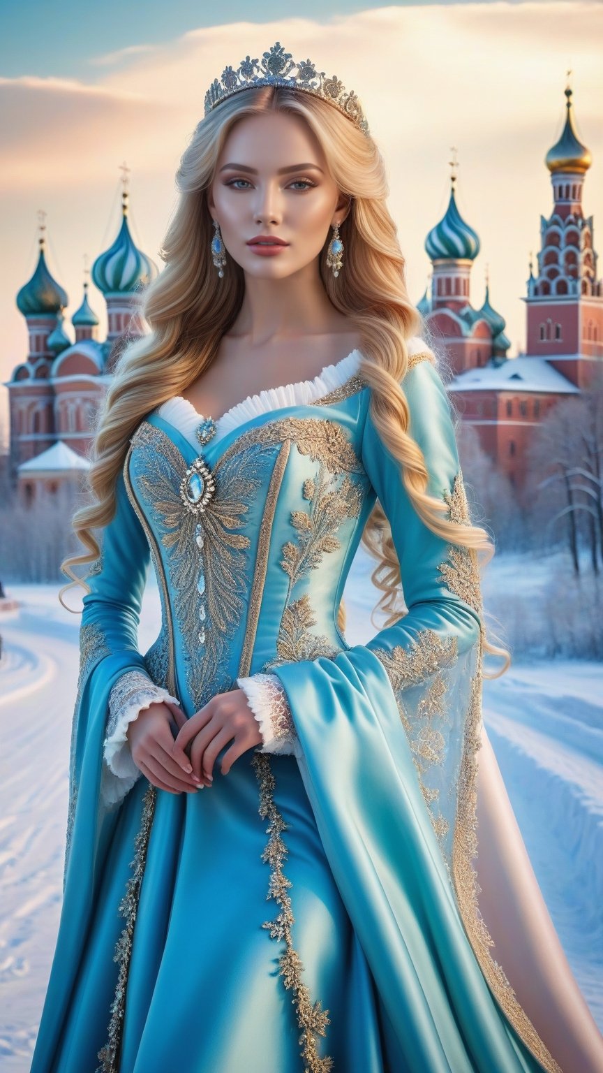 best quality, masterpiece,	
Amidst the winter wonderland of Russia, a beautiful girl with very long wavy blonde hair stands out against the snow-covered landscape, embodying the elegance of Rococo style. Her attire, a harmonious blend of the latest fashion trends and traditional Russian elements, dazzles with ornate jewelry that sparkles like the icy terrain around her. This enchanting scene, set against the backdrop of a quintessential Russian setting, showcases her as a modern-day princess, bridging the gap between the opulence of the past and the chic style of the present.
ultra realistic illustration, siena natural ratio, ultra hd, realistic, vivid colors, highly detailed, UHD drawing, perfect composition, ultra hd, 8k, he has an inner glow, stunning, something that even doesn't exist, mythical being, energy, molecular, textures, iridescent and luminescent scales, breathtaking beauty, pure perfection, divine presence, unforgettable, impressive, breathtaking beauty, Volumetric light, auras, rays, vivid colors reflects.