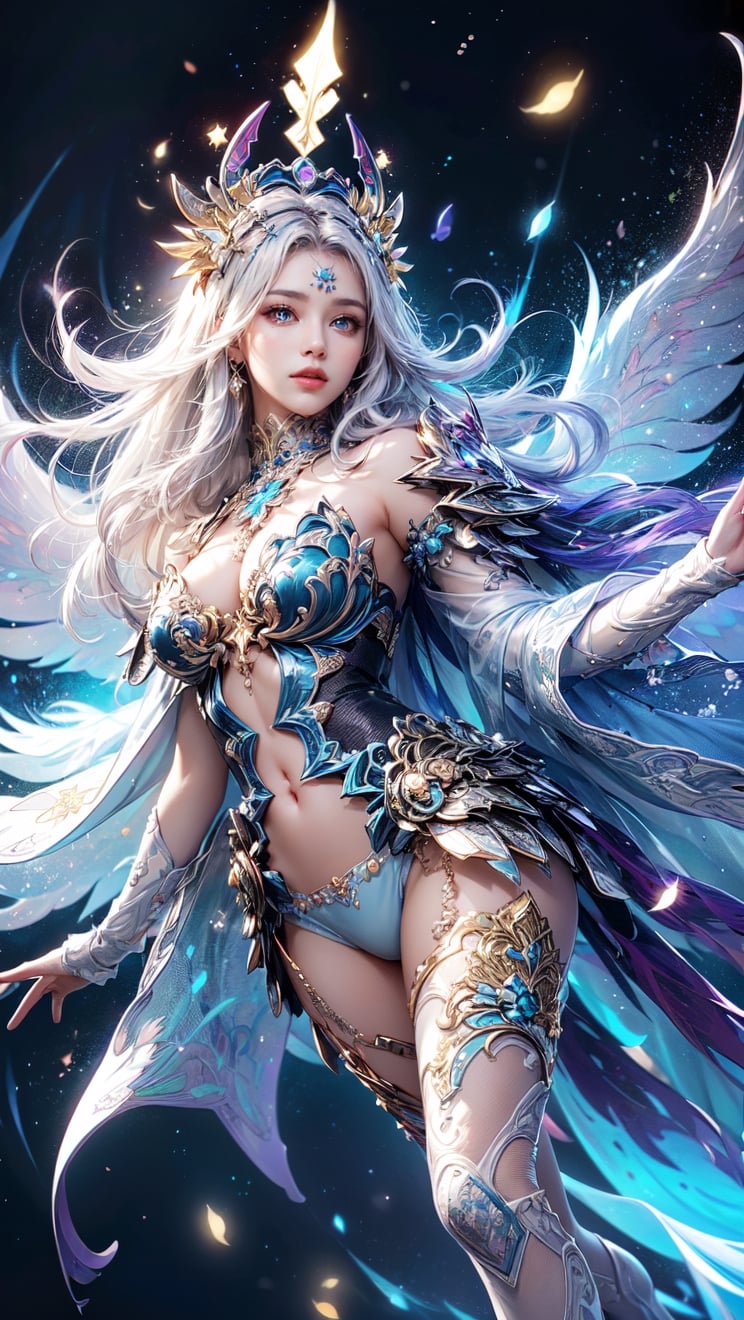 (masutepiece, of the highest quality, Best Quality, Official art, Beautiful and aesthetic:1.2), (1girl in), extremely detailed eye, (Fractal Art:1.3), Colorful, highest details, (Perfect face), Shiny skin, nffsw, (White cloak golden lines:1.2), Galaxy, (light streaks), striking visuals, (Dynamic streaks, luminous trails:1.2), Vibrant colors, (phoenix), (shenron) --auto