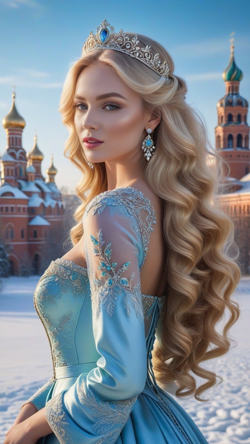 best quality, masterpiece,	
Amidst the winter wonderland of Russia, a beautiful girl with very long wavy blonde hair stands out against the snow-covered landscape, embodying the elegance of Rococo style. Her attire, a harmonious blend of the latest fashion trends and traditional Russian elements, dazzles with ornate jewelry that sparkles like the icy terrain around her. This enchanting scene, set against the backdrop of a quintessential Russian setting, showcases her as a modern-day princess, bridging the gap between the opulence of the past and the chic style of the present.
ultra realistic illustration, siena natural ratio, ultra hd, realistic, vivid colors, highly detailed, UHD drawing, perfect composition, ultra hd, 8k, he has an inner glow, stunning, something that even doesn't exist, mythical being, energy, molecular, textures, iridescent and luminescent scales, breathtaking beauty, pure perfection, divine presence, unforgettable, impressive, breathtaking beauty, Volumetric light, auras, rays, vivid colors reflects.