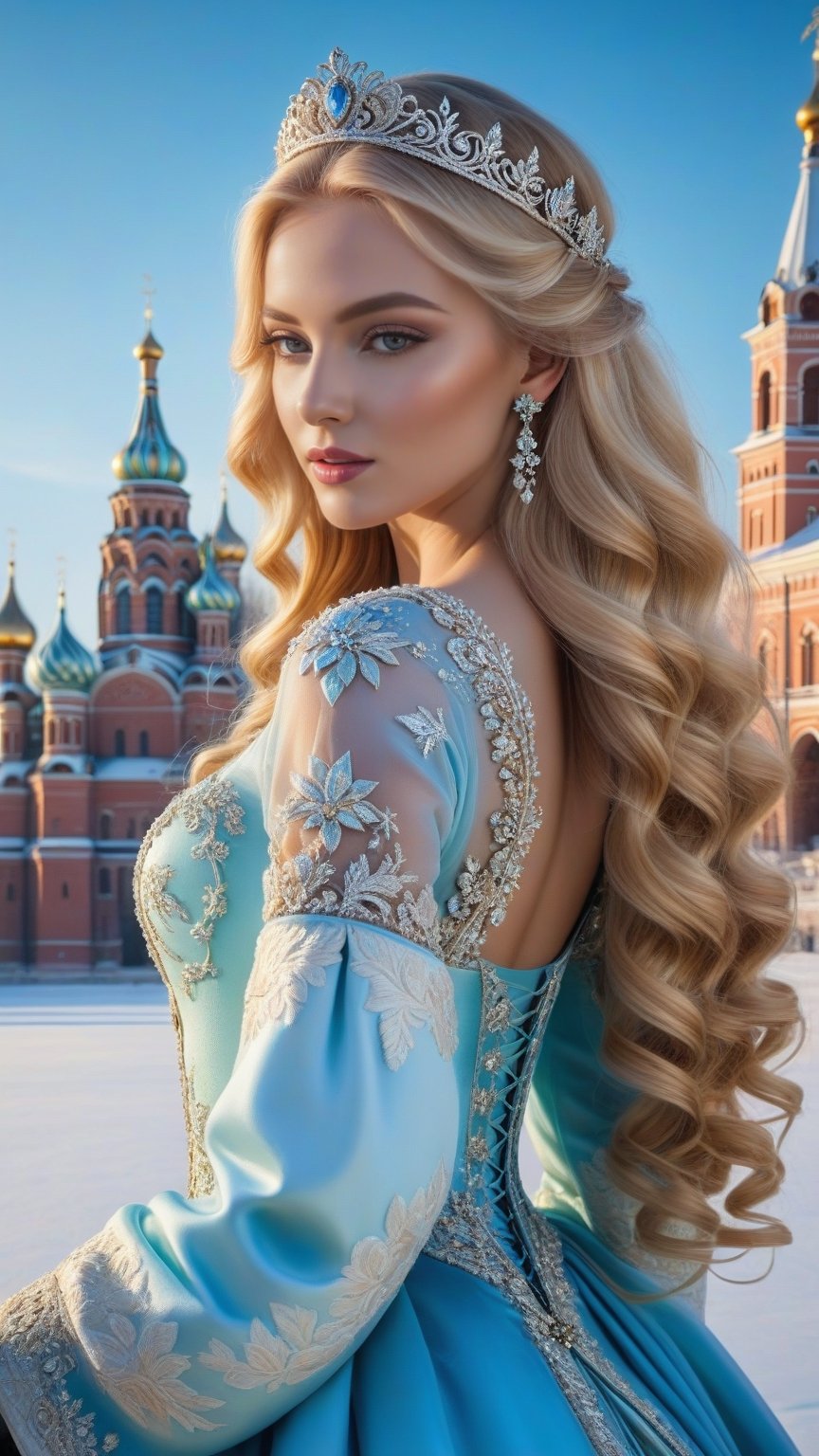 best quality, masterpiece,	
Amidst the winter wonderland of Russia, a beautiful girl with very long wavy blonde hair stands out against the snow-covered landscape, embodying the elegance of Rococo style. Her attire, a harmonious blend of the latest fashion trends and traditional Russian elements, dazzles with ornate jewelry that sparkles like the icy terrain around her. This enchanting scene, set against the backdrop of a quintessential Russian setting, showcases her as a modern-day princess, bridging the gap between the opulence of the past and the chic style of the present.
ultra realistic illustration, siena natural ratio, ultra hd, realistic, vivid colors, highly detailed, UHD drawing, perfect composition, ultra hd, 8k, he has an inner glow, stunning, something that even doesn't exist, mythical being, energy, molecular, textures, iridescent and luminescent scales, breathtaking beauty, pure perfection, divine presence, unforgettable, impressive, breathtaking beauty, Volumetric light, auras, rays, vivid colors reflects.