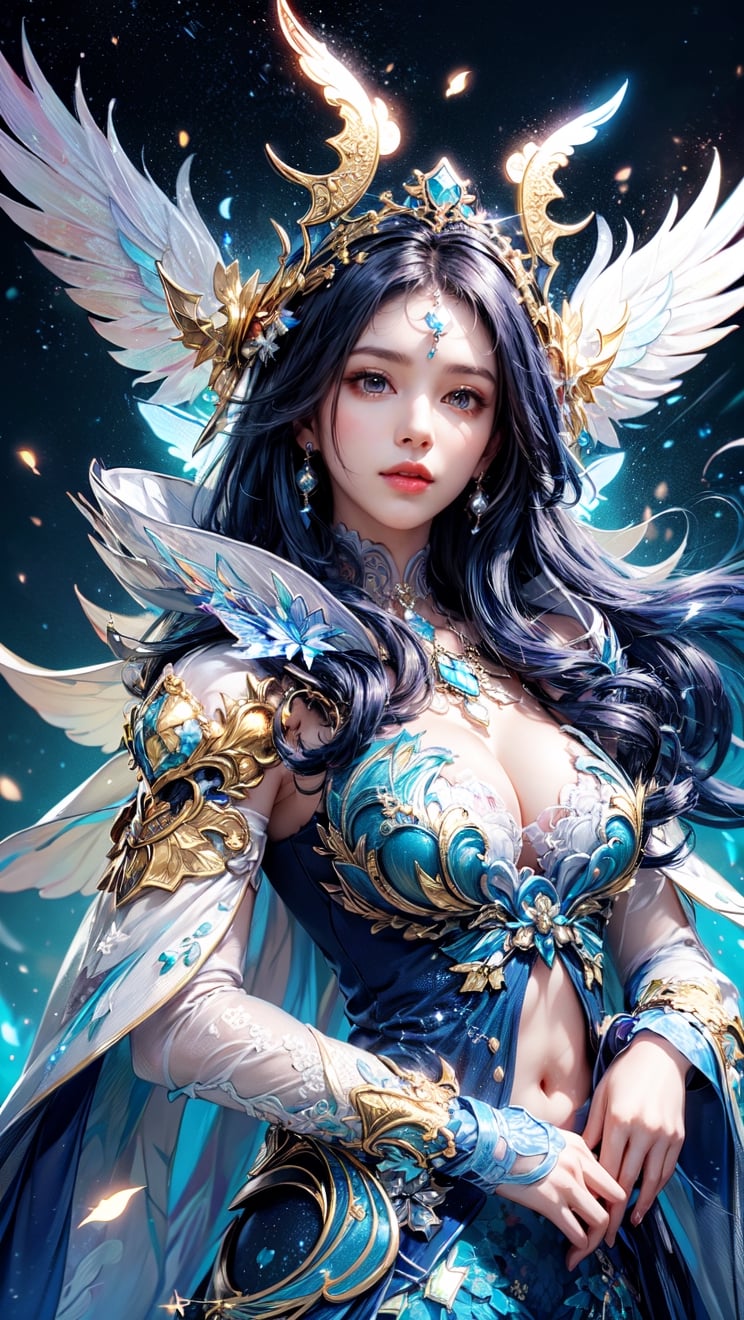 (masutepiece, of the highest quality, Best Quality, Official art, Beautiful and aesthetic:1.2), (1girl in), extremely detailed eye, (Fractal Art:1.3), Colorful, highest details, (Perfect face), Shiny skin, nffsw, (White cloak golden lines:1.2), Galaxy, (light streaks), striking visuals, (Dynamic streaks, luminous trails:1.2), Vibrant colors, (phoenix), (shenron) --auto