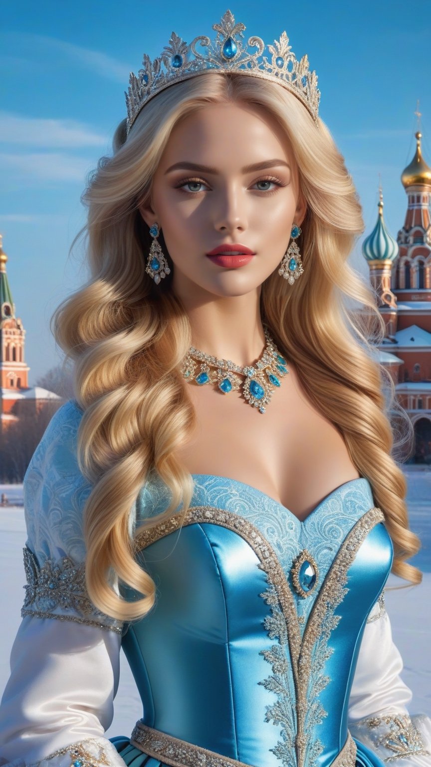 best quality, masterpiece,	
Amidst the winter wonderland of Russia, a beautiful girl with very long wavy blonde hair stands out against the snow-covered landscape, embodying the elegance of Rococo style. Her attire, a harmonious blend of the latest fashion trends and traditional Russian elements, dazzles with ornate jewelry that sparkles like the icy terrain around her. This enchanting scene, set against the backdrop of a quintessential Russian setting, showcases her as a modern-day princess, bridging the gap between the opulence of the past and the chic style of the present.
ultra realistic illustration, siena natural ratio, ultra hd, realistic, vivid colors, highly detailed, UHD drawing, perfect composition, ultra hd, 8k, he has an inner glow, stunning, something that even doesn't exist, mythical being, energy, molecular, textures, iridescent and luminescent scales, breathtaking beauty, pure perfection, divine presence, unforgettable, impressive, breathtaking beauty, Volumetric light, auras, rays, vivid colors reflects.