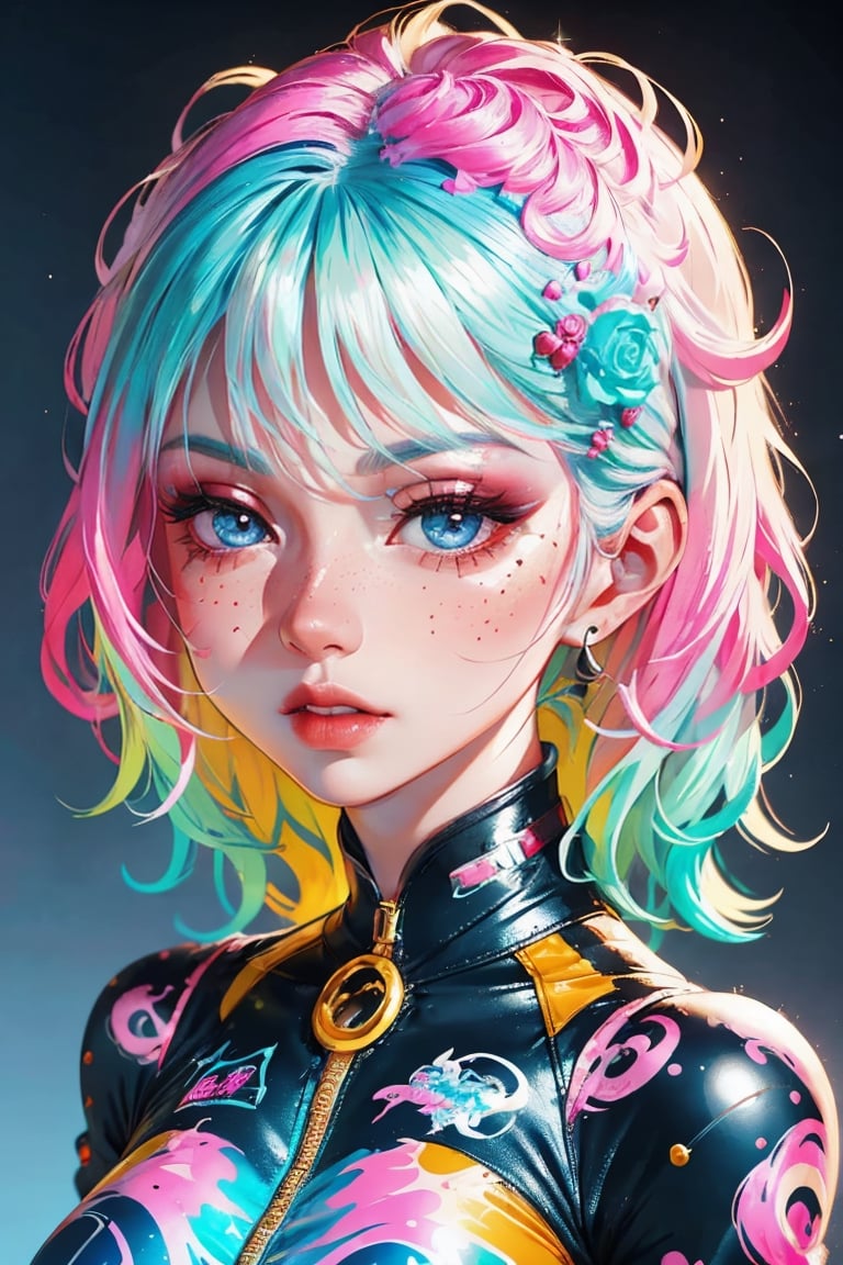 beautiful kawaii naughty girl, hyper detailed, cotton candy curly hair, candy freckles, bright makeup, holographic transparent candy dress, close-up portrait, highly detailed illustration, candyland character design, surrounded by swirls of ice cream and cream butter Pale pastel colors, bubblegum bubbles, gradient background. the candy girl,3D MODEL,Worldwide trending artwork