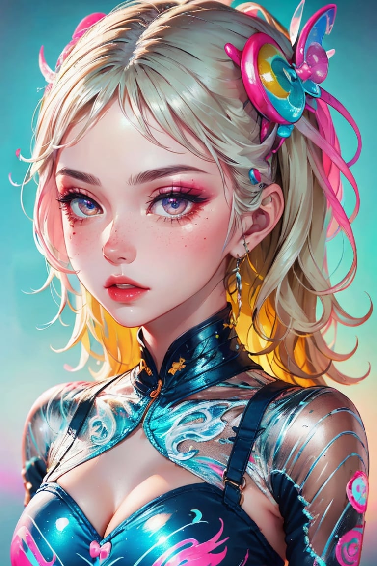 beautiful kawaii naughty girl, hyper detailed, cotton candy curly hair, candy freckles, bright makeup, holographic transparent candy dress, close-up portrait, highly detailed illustration, candyland character design, surrounded by swirls of ice cream and cream butter Pale pastel colors, bubblegum bubbles, gradient background. the candy girl,3D MODEL,Worldwide trending artwork