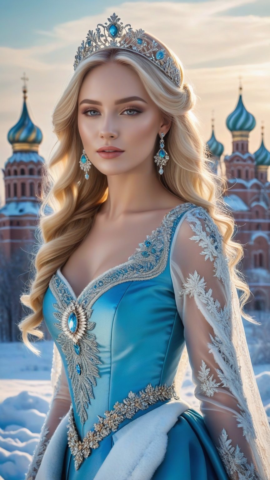 best quality, masterpiece,	
Amidst the winter wonderland of Russia, a beautiful girl with very long wavy blonde hair stands out against the snow-covered landscape, embodying the elegance of Rococo style. Her attire, a harmonious blend of the latest fashion trends and traditional Russian elements, dazzles with ornate jewelry that sparkles like the icy terrain around her. This enchanting scene, set against the backdrop of a quintessential Russian setting, showcases her as a modern-day princess, bridging the gap between the opulence of the past and the chic style of the present.
ultra realistic illustration, siena natural ratio, ultra hd, realistic, vivid colors, highly detailed, UHD drawing, perfect composition, ultra hd, 8k, he has an inner glow, stunning, something that even doesn't exist, mythical being, energy, molecular, textures, iridescent and luminescent scales, breathtaking beauty, pure perfection, divine presence, unforgettable, impressive, breathtaking beauty, Volumetric light, auras, rays, vivid colors reflects.